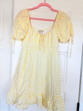 Yellow Gingham Puff-Sleeve Casual Dress